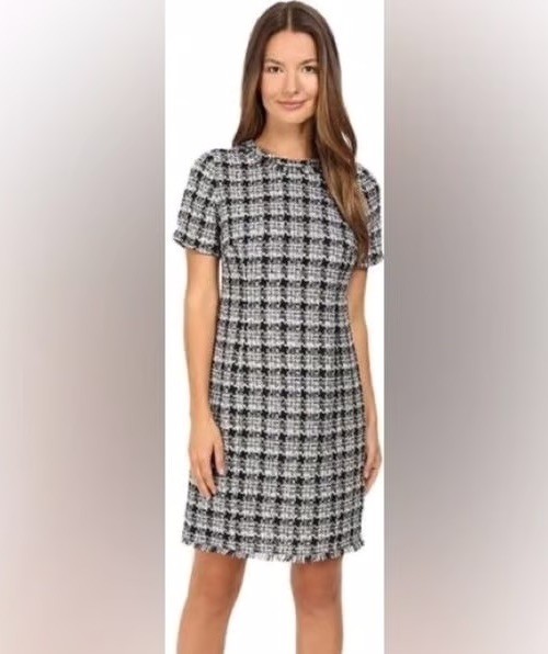 Kate Spade New York / Black & White Plaid Tweed Mini Dress w Fringe / Size 8