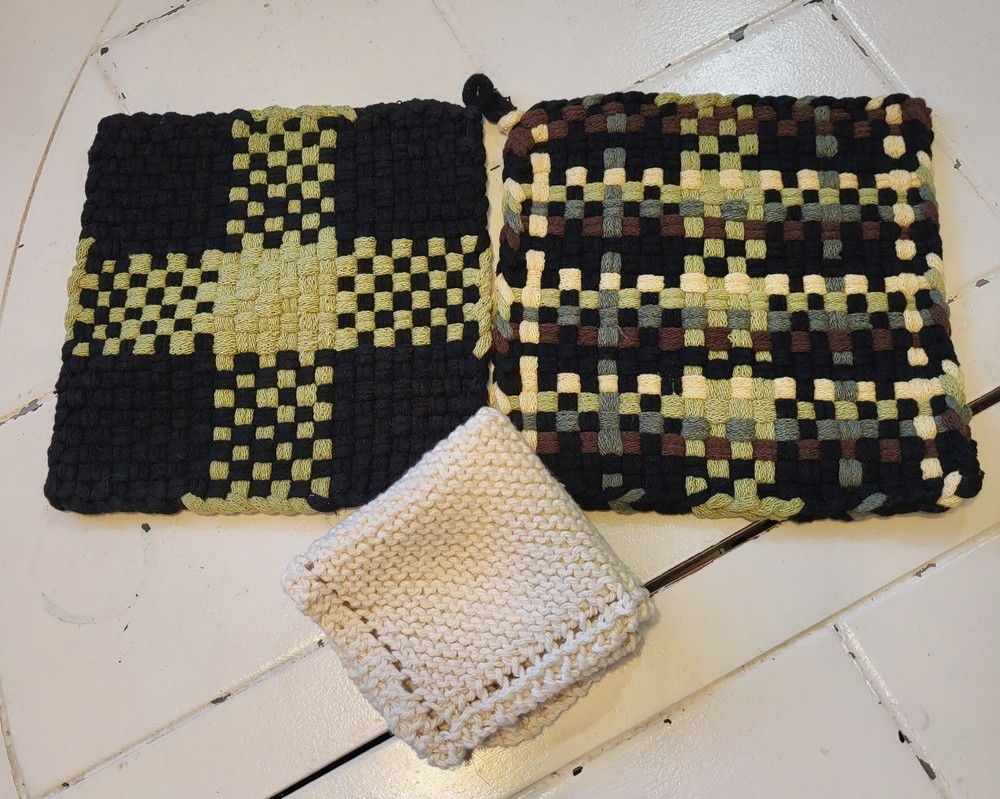 3 Pc Handmade 2 Potholders 1 Dishrag Cotton Woven Hot Pad Trivet New Green Black
