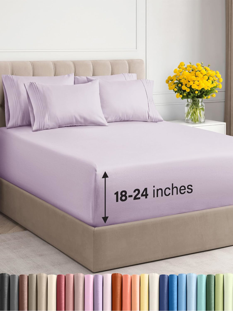 Extra Deep Queen Sheet Set - 6 Piece Breathable Cooling Sheets - Light Lavender