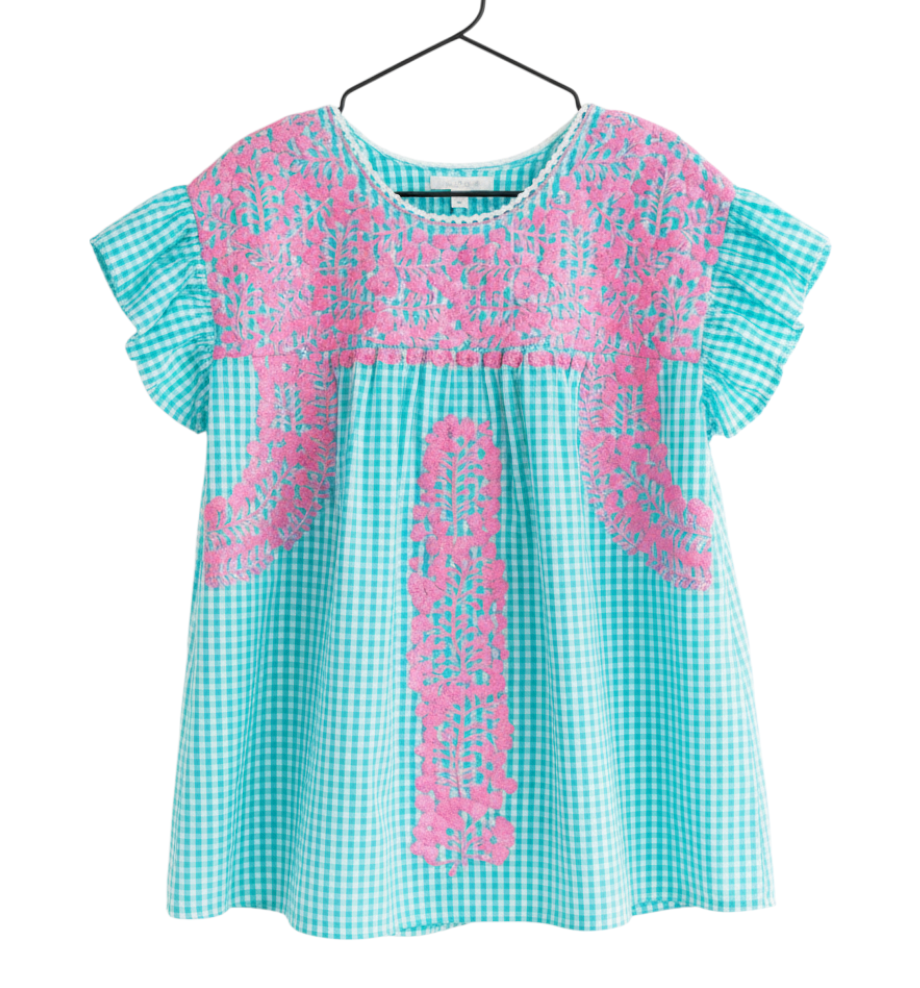 LAYERZ Mi Golondrina GREEN GINGHAM CHECK Pink Embroidered MEXICAN BOHO TOP sz M