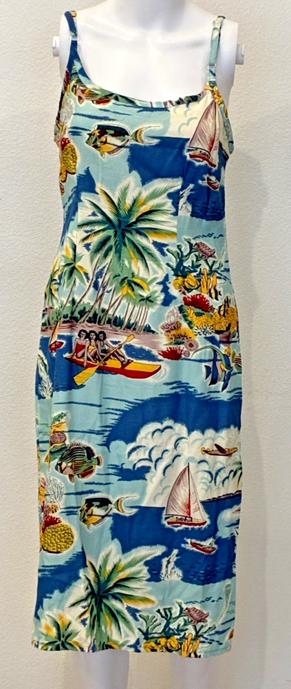 Vtg Hilo Hattie Hawaiian Midi Sundress Womens 4 Sleeveless Blue Tropical Resort