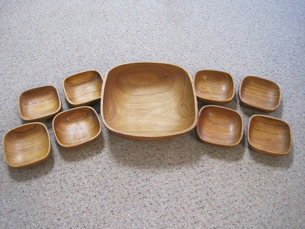 Acacia Wood Square Salad Bowl Set - Natural/Brown - Set of 9-image