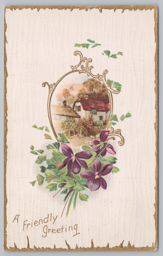 Greetings~Violets & Home Friendly Greeting~Vintage Postcard