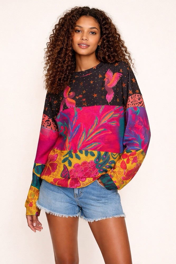 FARM Rio Patchwork Bird Tropical Print Sweatshirt Women Medium Boho Pullover Top