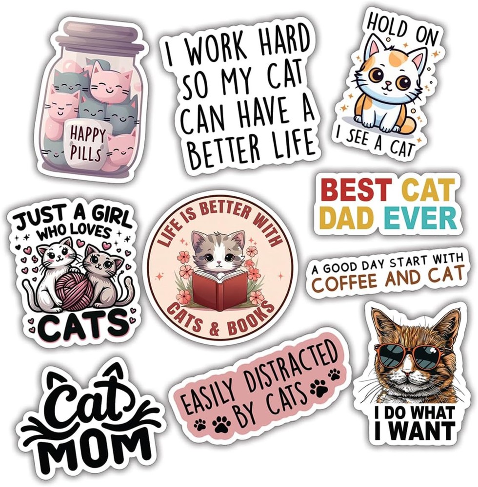 (10pcs) Cat Stickers Cute Funny Pack Colorful Sticker