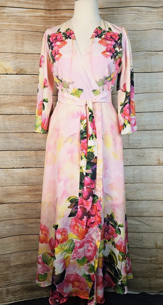 Boston Proper NEW Watercolor Floral Wrap Maxi Dress with Pockets Size Large