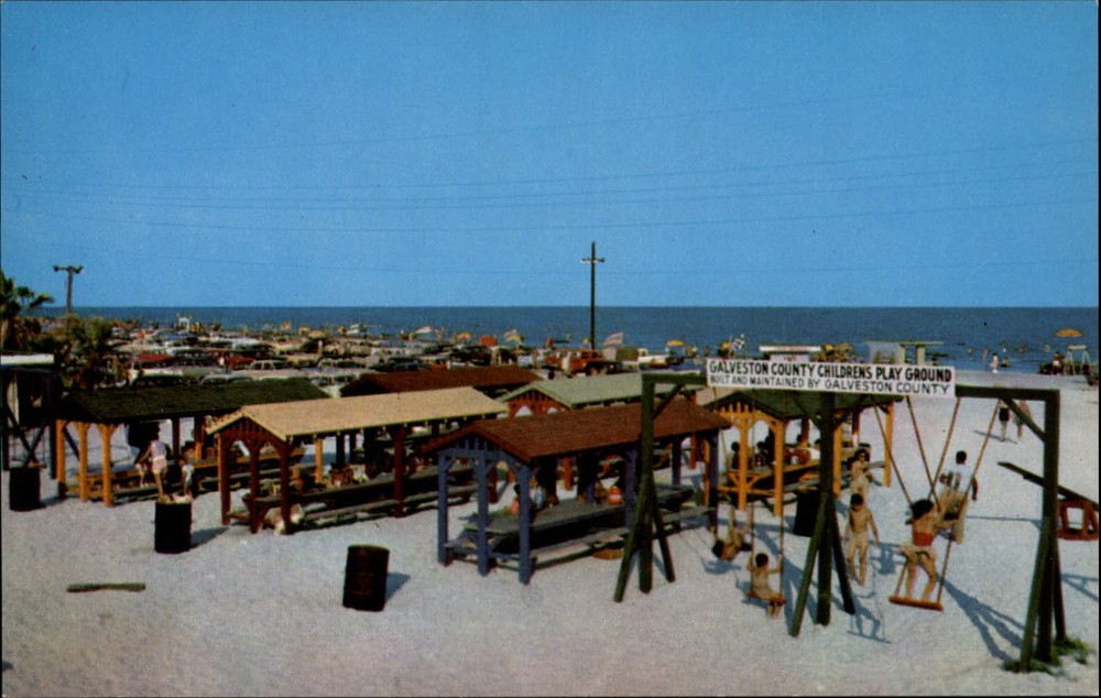Galveston Texas County Children's Playground beach 1950s cars vintage postcard