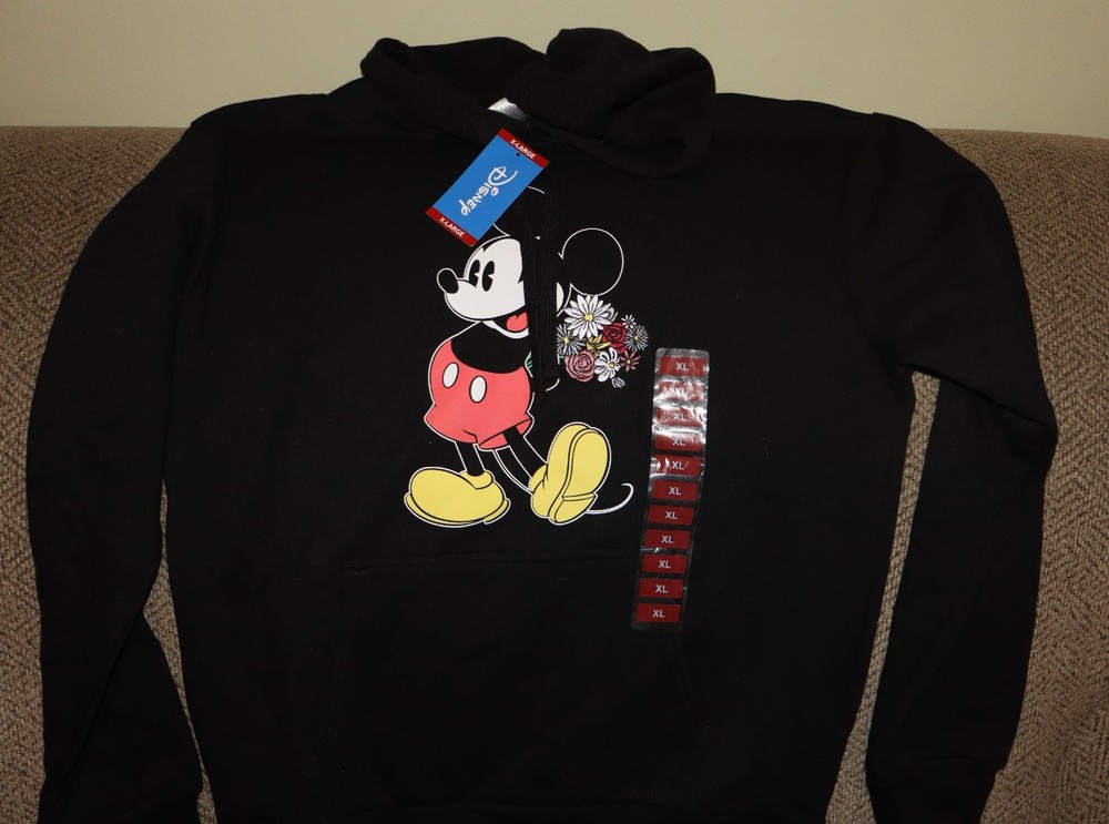 New Disney Mickey Mouse Embroidered Floral Black Hoodie Sweatshirt Size XL