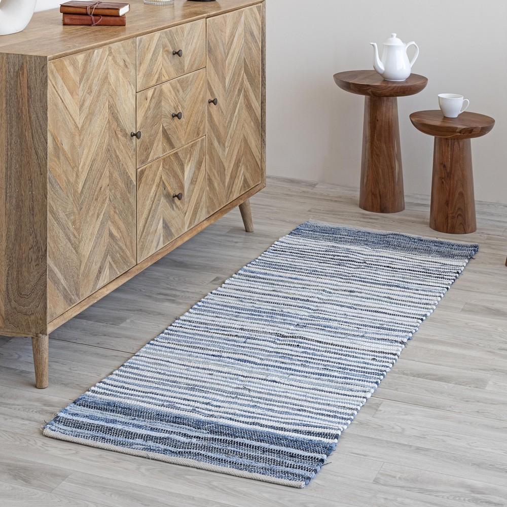 Denim Rag Runner Rug 2' x 8' Recycled Soft Cotton Chindi Rugs Hand Crafted Re...