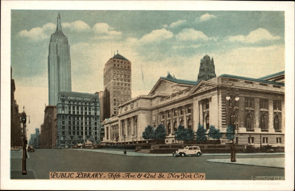 New York City New York ~ Public Library ~ Fifth Ave & 42nd Street ~ postcard