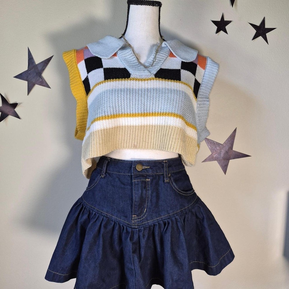 Cider Retro Colorblocked Knit Polo Crop 90s Geometric Y2K Indie Sleaze Vest L