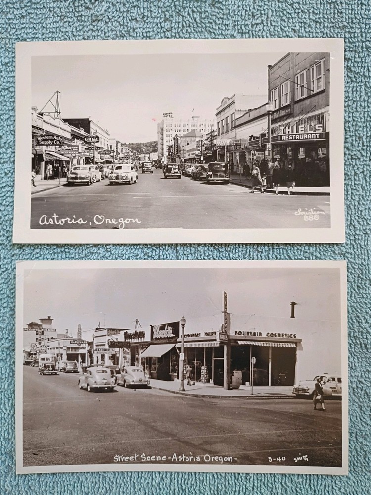 2 RPPC Astoria OR Street Scene Photo Postcards 1940s Vintage Commercial St
