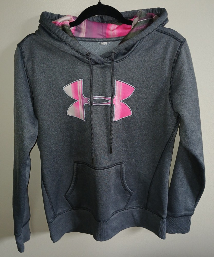 Under Armour Women's Small Pullover Sweatshirt Heatgear Hoodie Gray Pink Fleece