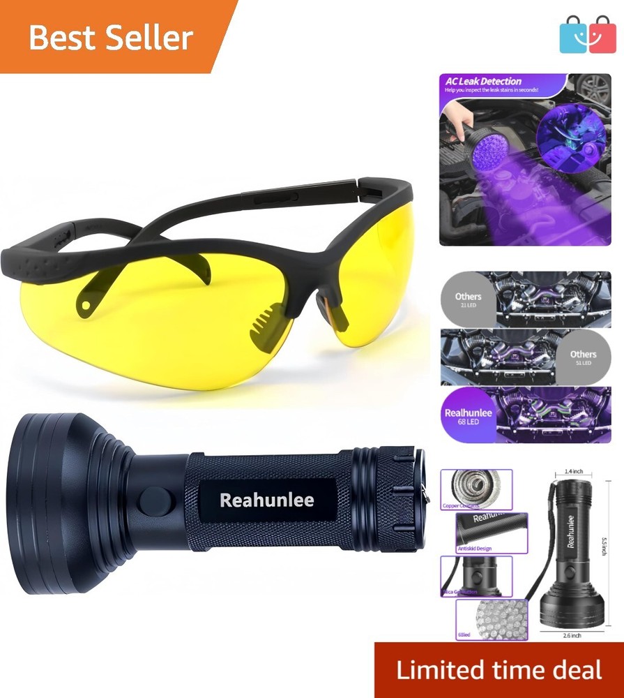 Auto AC Leak Detector UV Dye Test Kit 68 LED Flashlight +Glasses HVAC Oil Detect-image