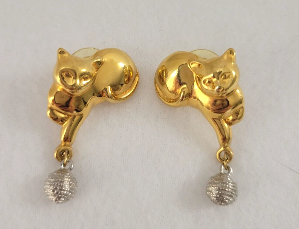 Playful Cat & Yarn Shaped Gold & Silver Tone Post Earrings , Costume, 1.5”