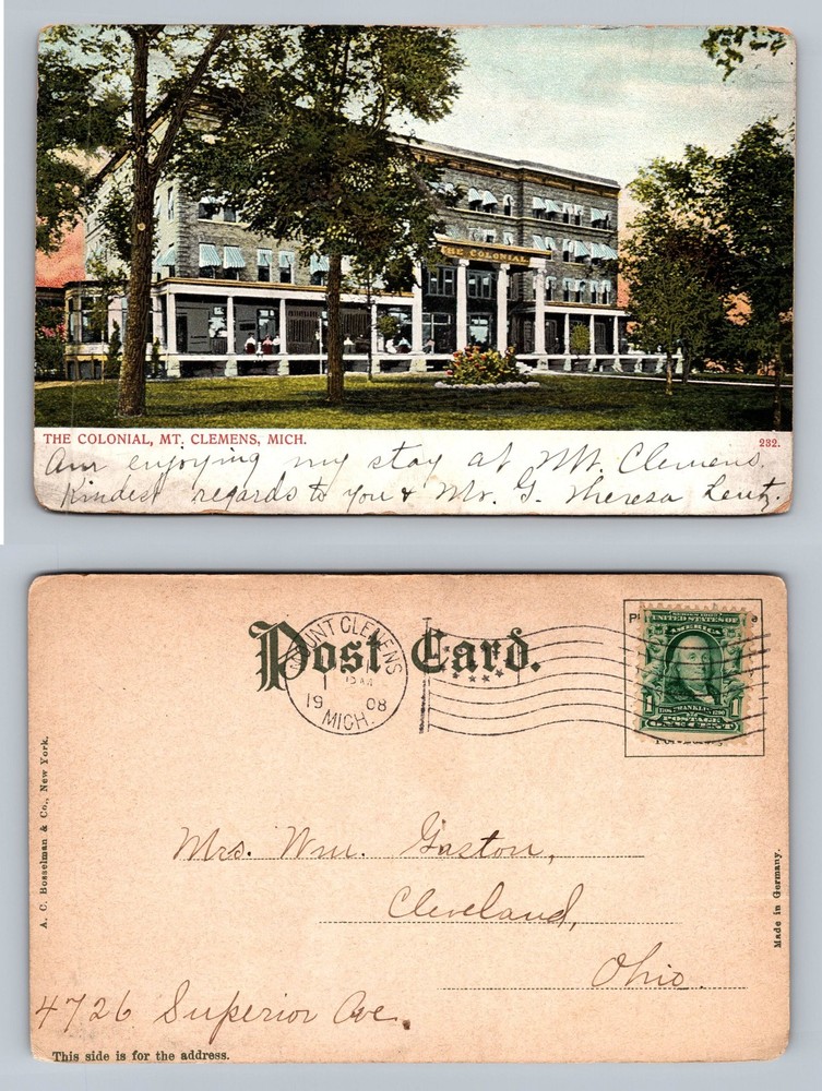 Mt Clemens, MI-Michigan, The Colonial Hotel Building c1908 Vintage Postcard