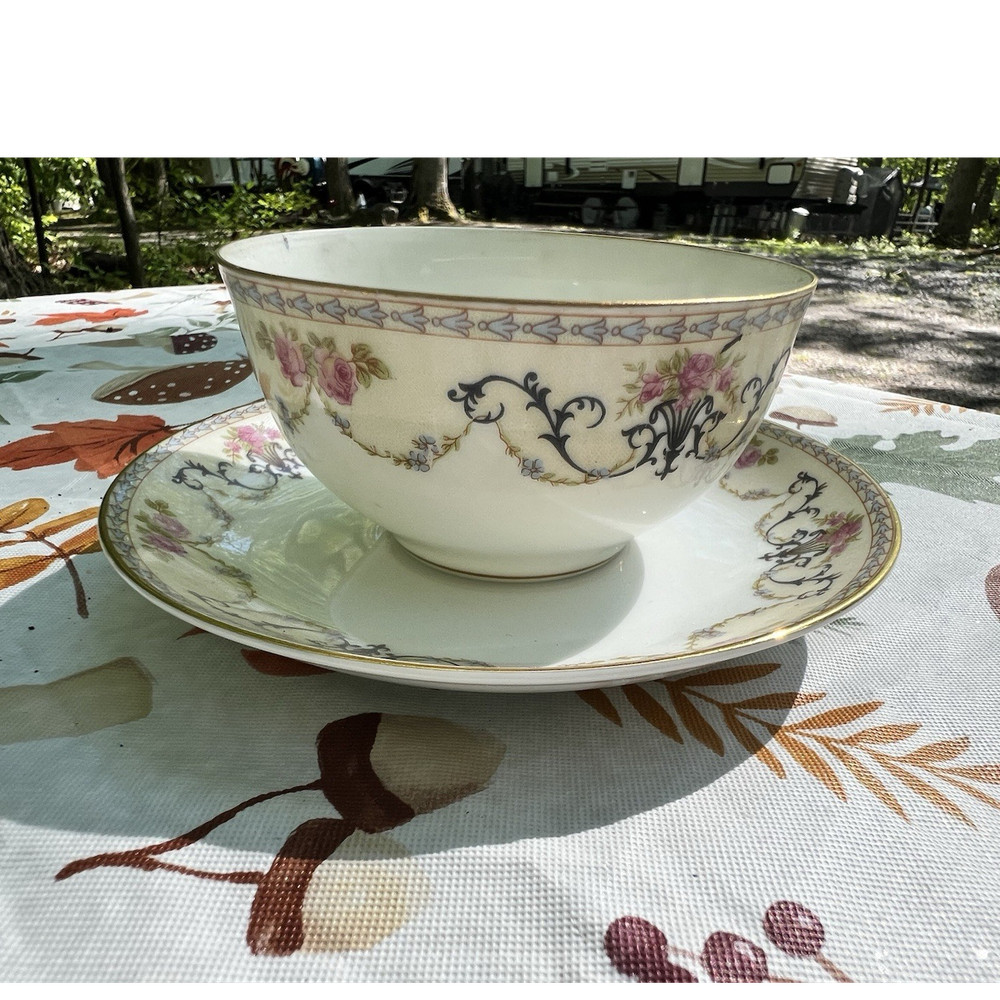 Noritake Majestic Tea Cup Saucer Set Porcelain Japan Pink Floral Gold pink blue