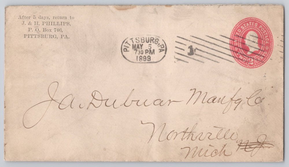 Pittsburg, PA 2c Postal Stationery to Northville, Mich., Un 1899