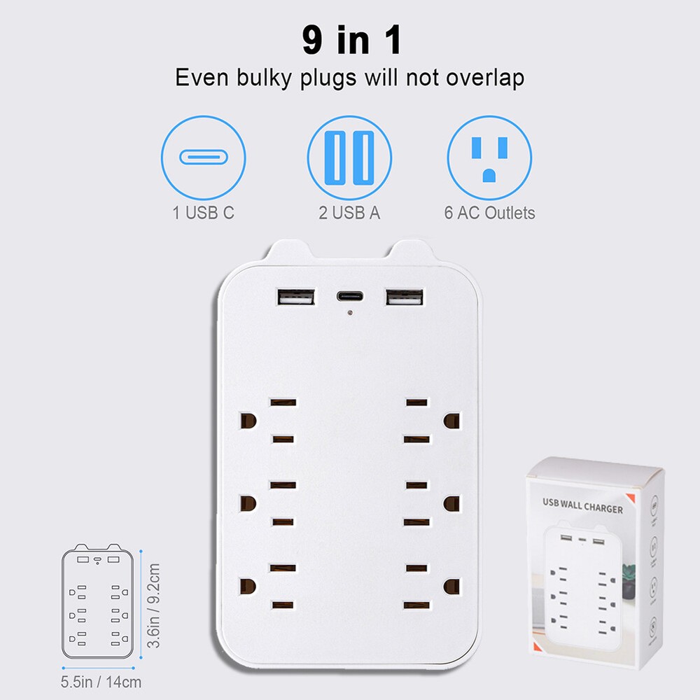 9 In 1 Surge Protector 6-Outlet Extender With USB & 1 USB-C Ports Multi Plug