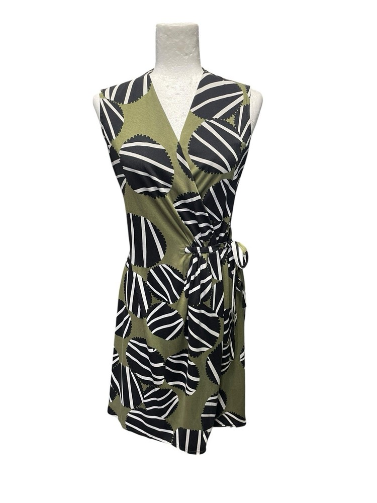 DVF Diane Von Furstenberg Green Geometric Wrap Dress Silk Stretch Size 8