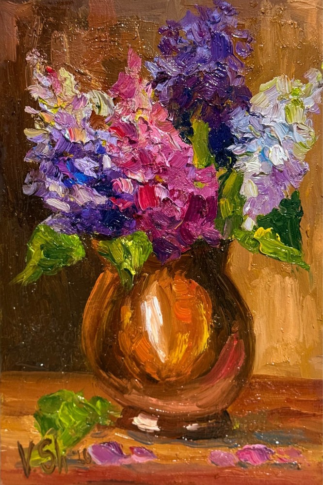 Original Oil Painting Lilac Flowers Spring Impressionist Still Life Art Signed