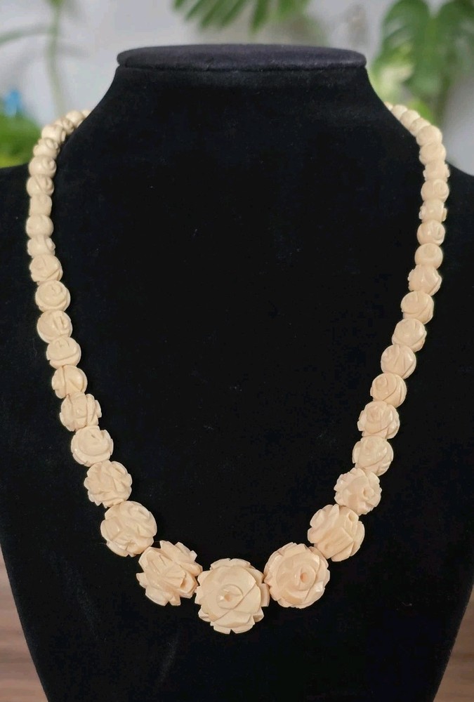 Vintage French Carved Celluloid Cabbage Rose Beaded Necklace Graduated Beads