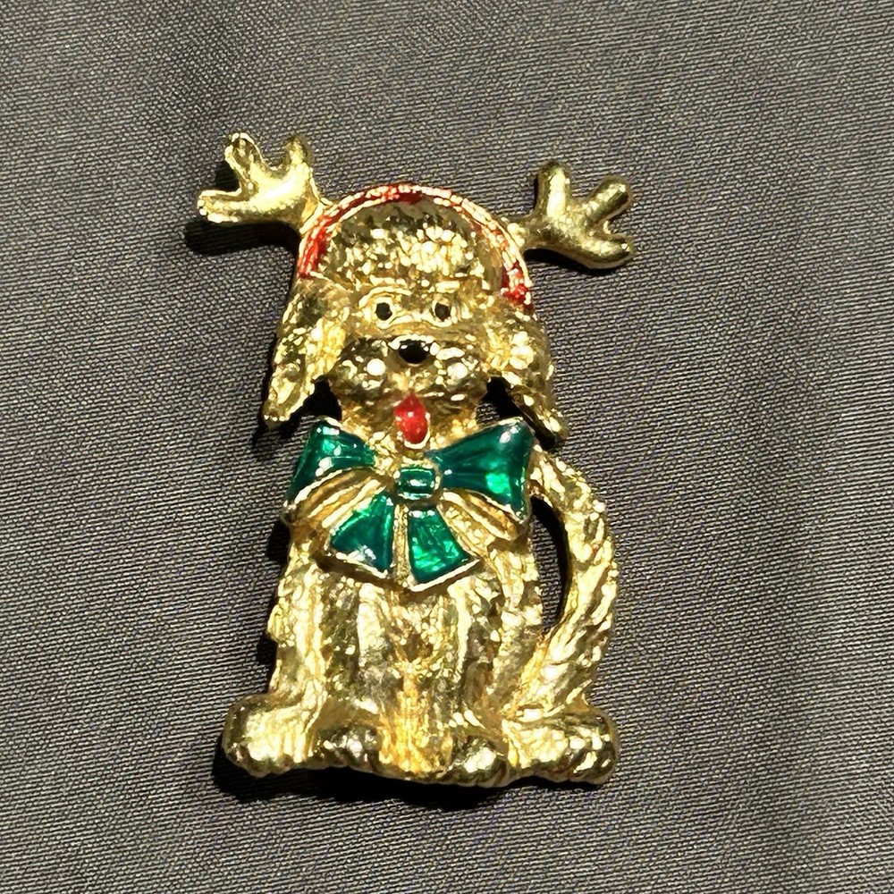 Vintage Gold Tone Reindeer Puppy Christmas 2” Brooch