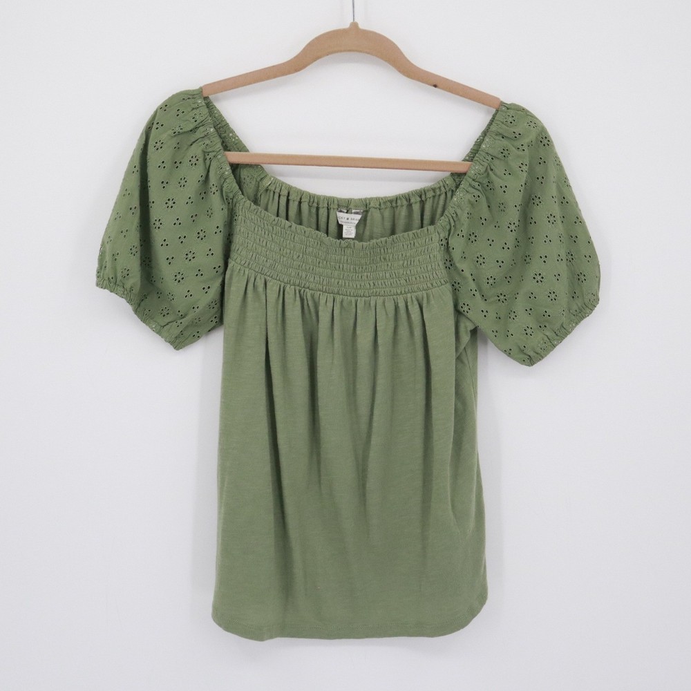 Lucky Brand Eyelet Puff Sleeve Top Womens S Green Smocked Boho Bohemian Hippie