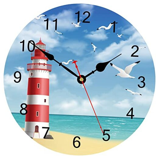 12 Inch Nautical Lighthouse Wall Clock, Beach Themed Coastal Bathroom Decor,