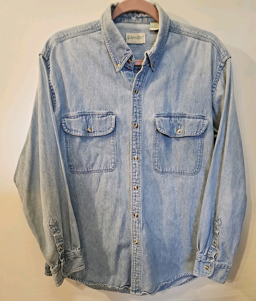 VTG St. John's Bay Denim Button-Up Shirt Blue Large Long Sleeve with Pockets