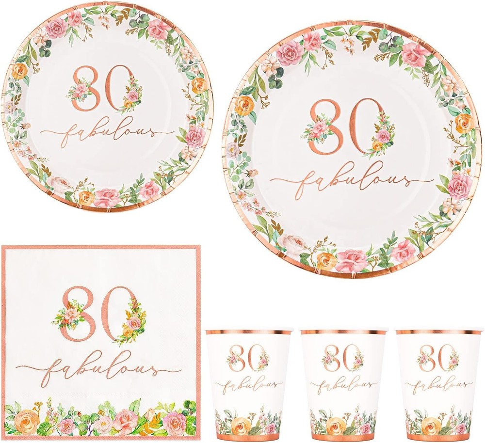 80th Birthday Napkins and Plates for Women Rose Gold Floral Party Decoration,...