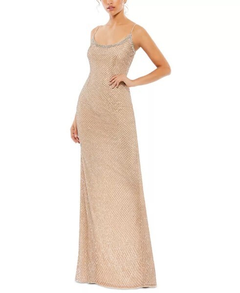 Mac Duggal Beaded Scoop-Neck spaghetti strap Column Gown Dress - size 10 - Nude