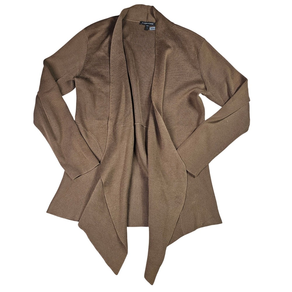 Eileen Fisher Open Front Knit Cardigan Sleeve Brown Silk Blend Neutral Women's S