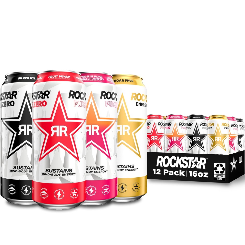 Rockstar Pure Zero Energy Drink4 Flavor Pure Zero Variety Pack 0 Sugar with C...