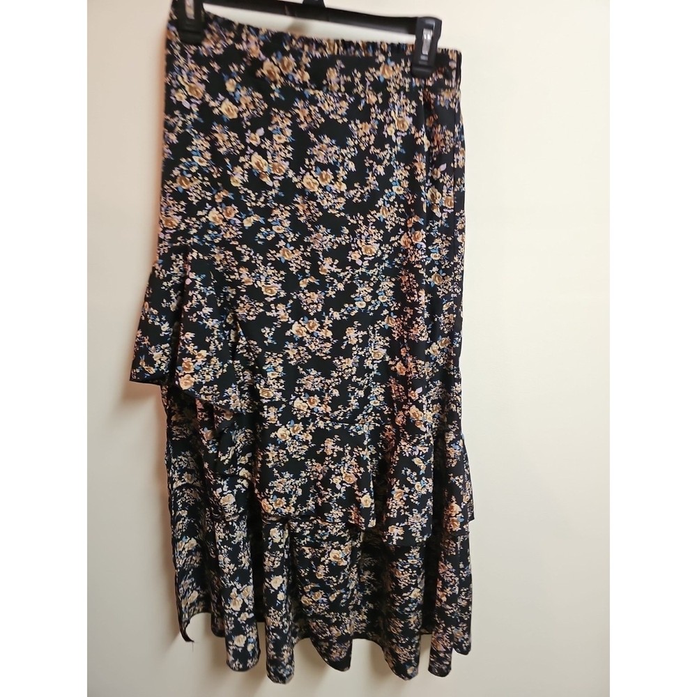BTFBM Womens Black Floral Maxi Skirt Ruffles Size 12