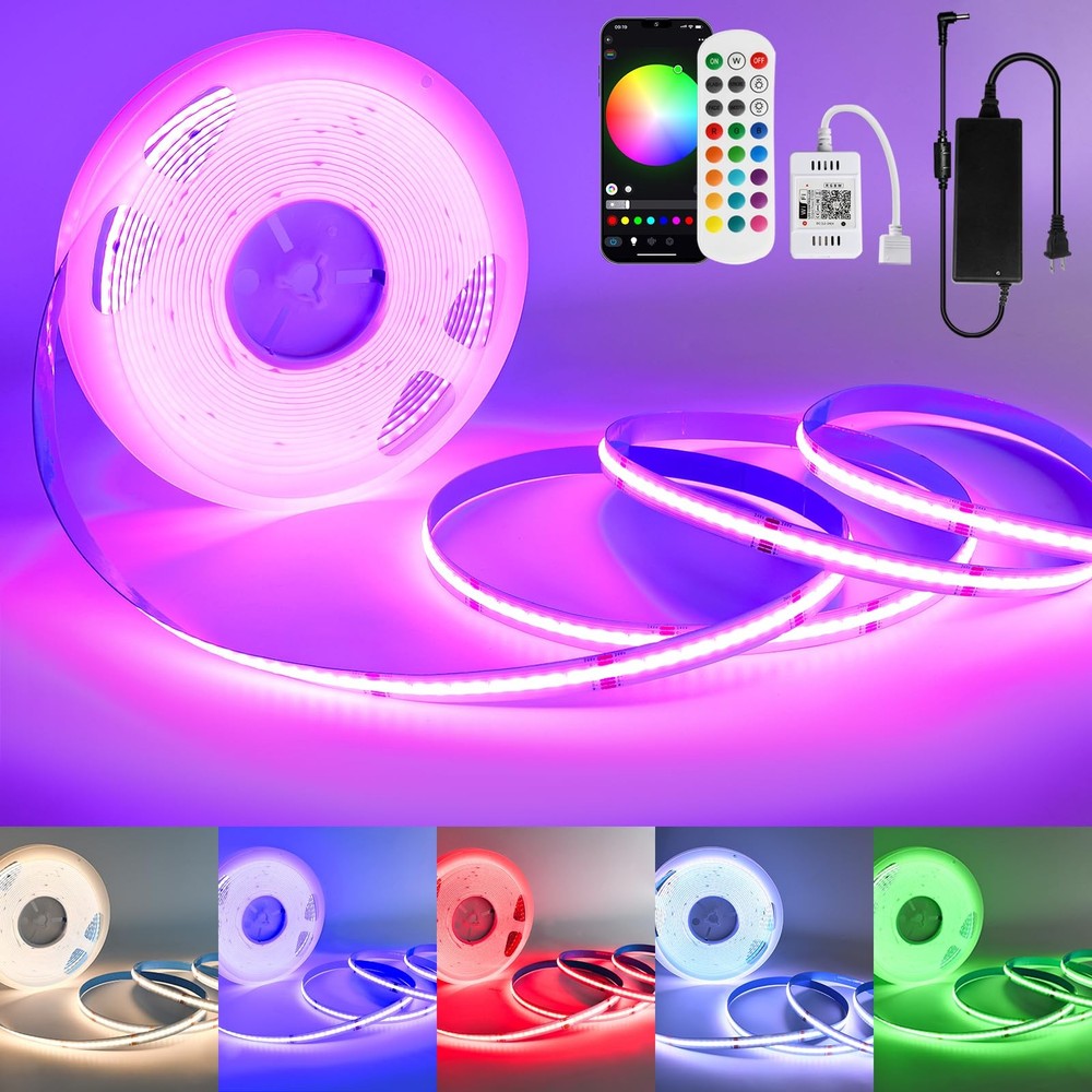 RGBW Cob Led Strip Light 32.8 FT, 24V 8A RGBW WiFi Led Strip Set with APP & R...