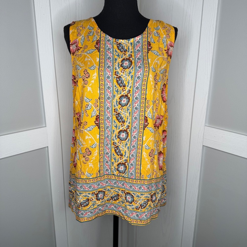 Rachel Roy Yellow Boho Floral Button Back Tank Top Size M