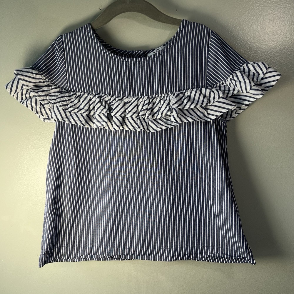 Crown And Ivy Kids Blue And White Striped short Sleeve Shirt W Ruffle, Size 7