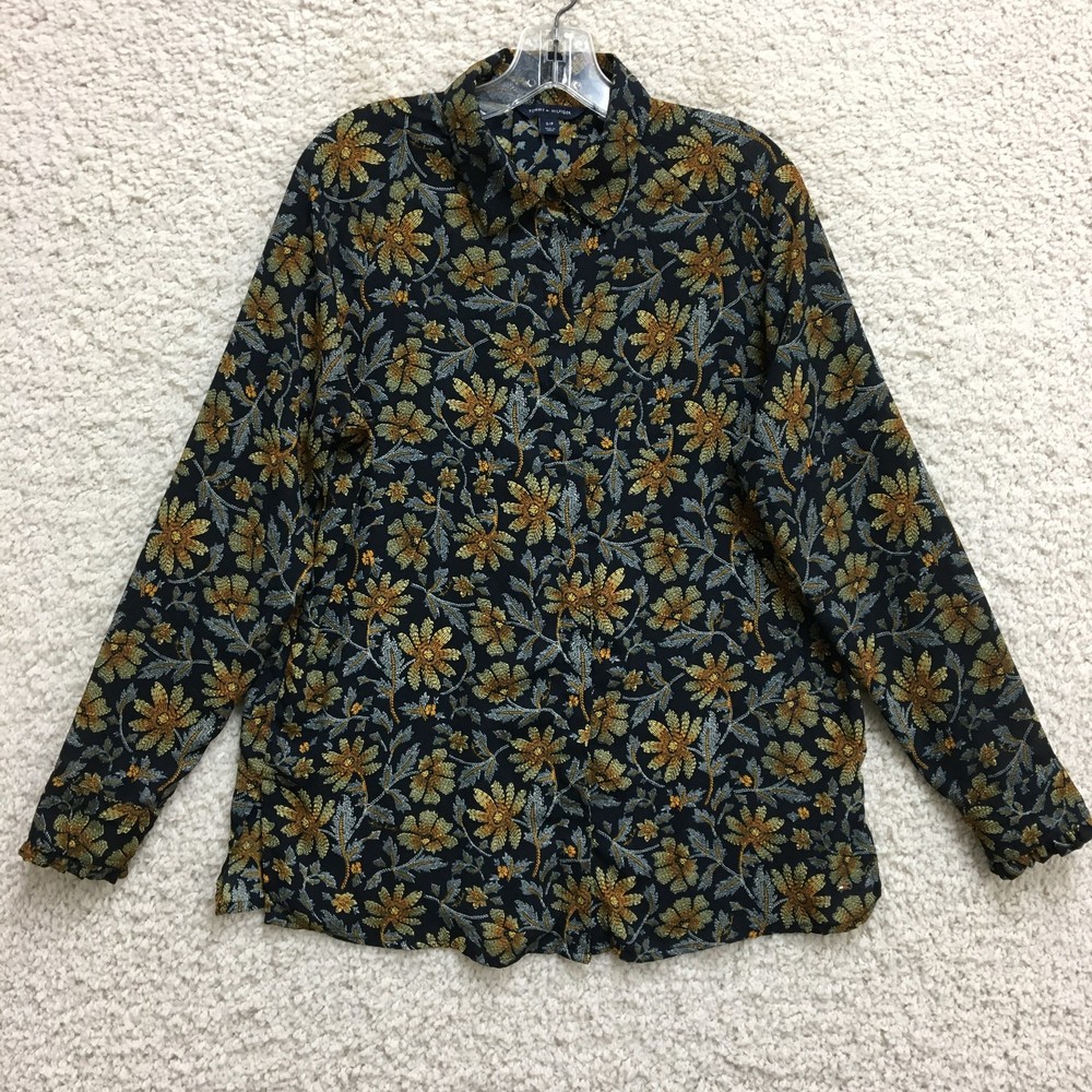 Tommy Hilfiger Shirt Womens Small Black Yellow Floral Button Up Long Sleeve Top