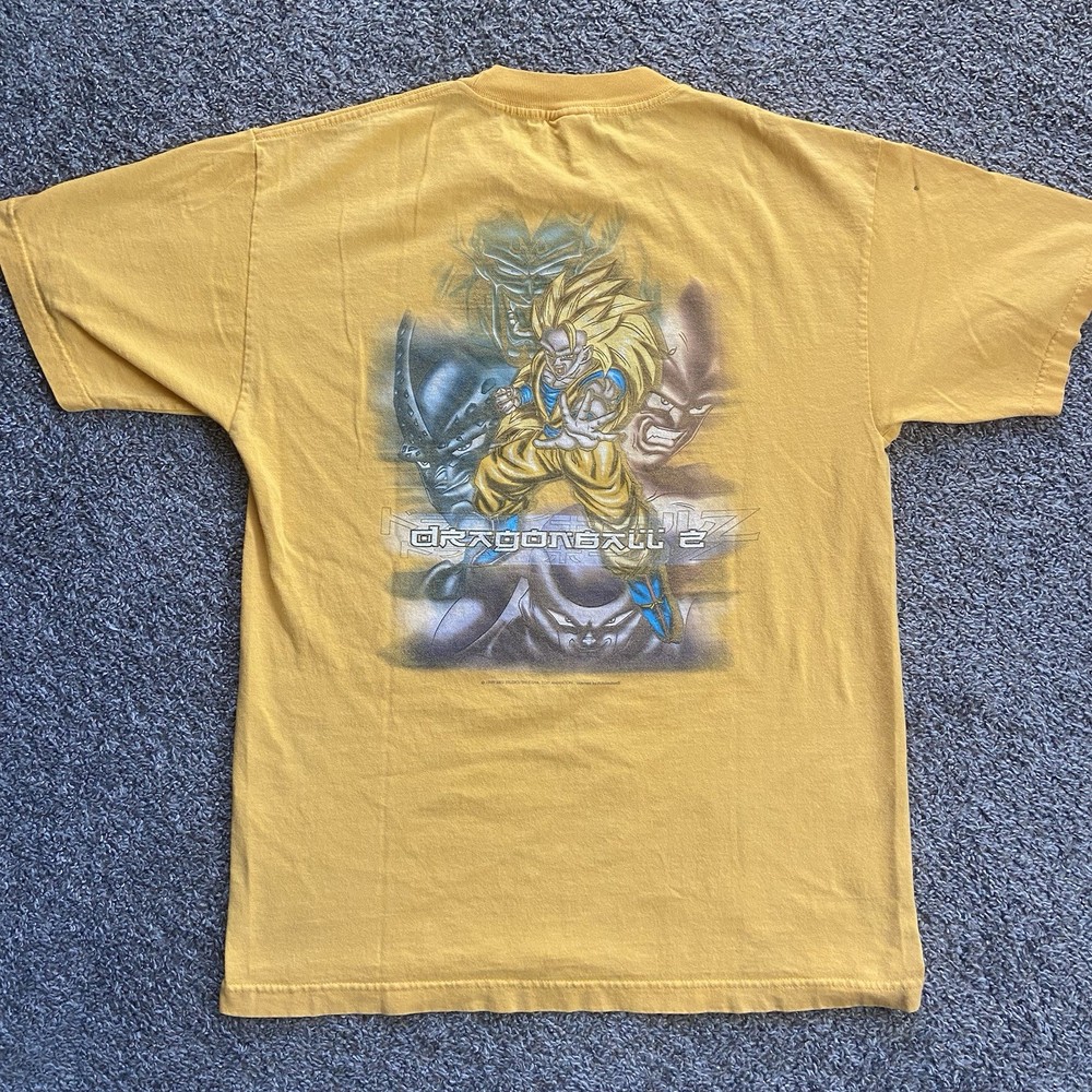 Vintage Dragon Ball Z 90s Yellow Double Sided Graphic Tee Size L Rare Anime Vtg