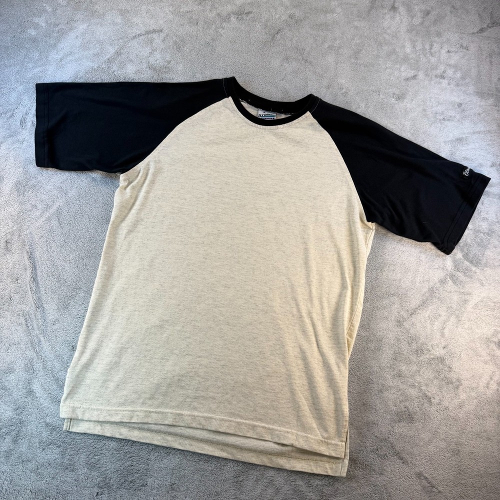 Vintage OtoMix Athletics Mens Raglan T Shirt Black Tan USA Made Cotton L EUC