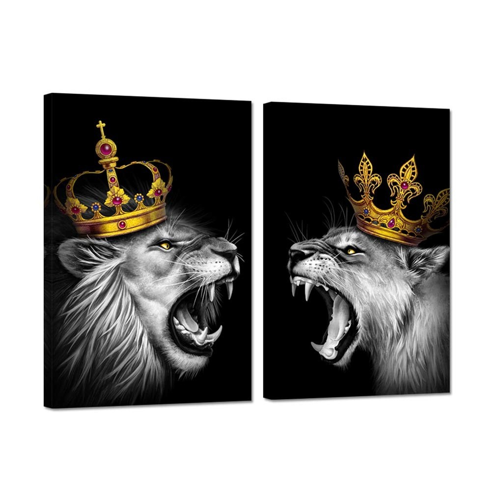 iHAPPYWALL 2 Pieces Set Lion Couple Canvas Wall Art Black and White Lion and ...