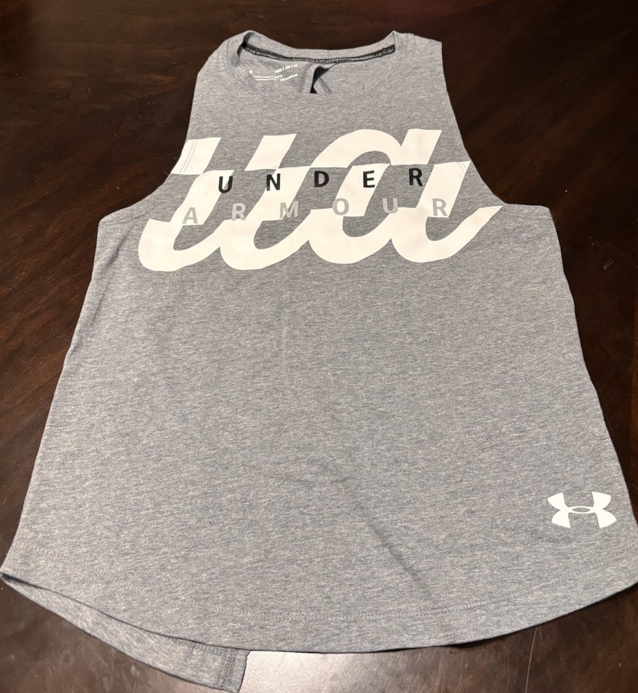 UNDER ARMOUR Girls M Gray Sleeveless Loose Knit Logo Graphic Tank Top