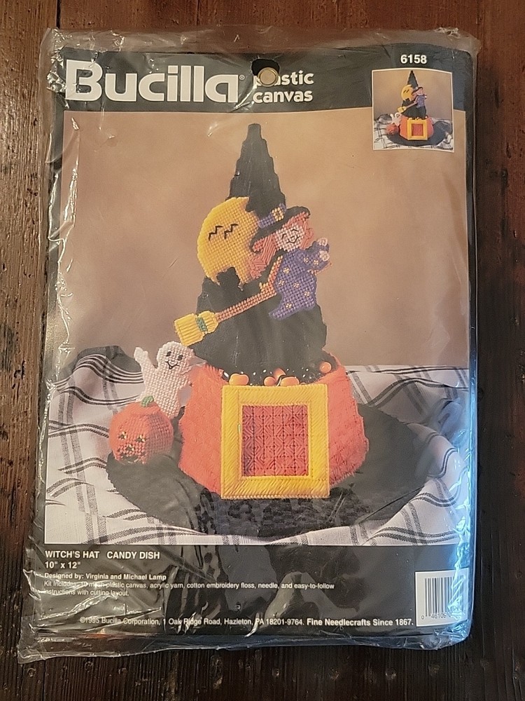 Vintage Plastic Canvas Kit Halloween Witch's Hat Candy Dish Bucilla # 6158 NEW