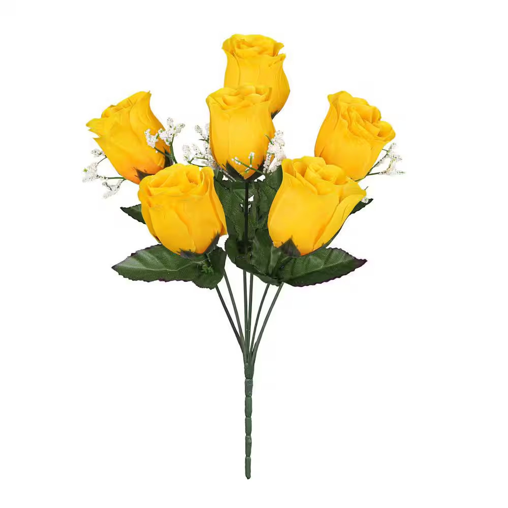 14 In. Yellow Artificial Rose Bud Flower Stem Bush Bouquet (Set of 12)