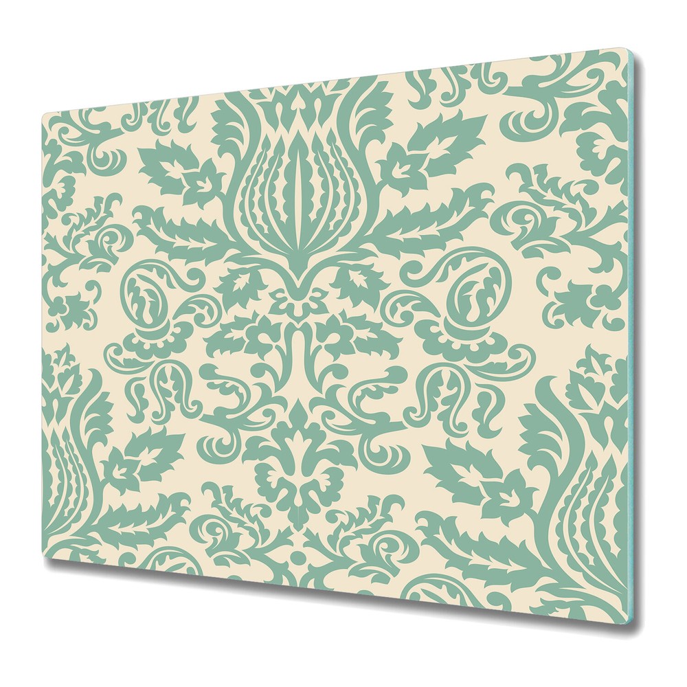 Glass Chopping Board Utensil Worktop Saver Damask green and white large 60x52