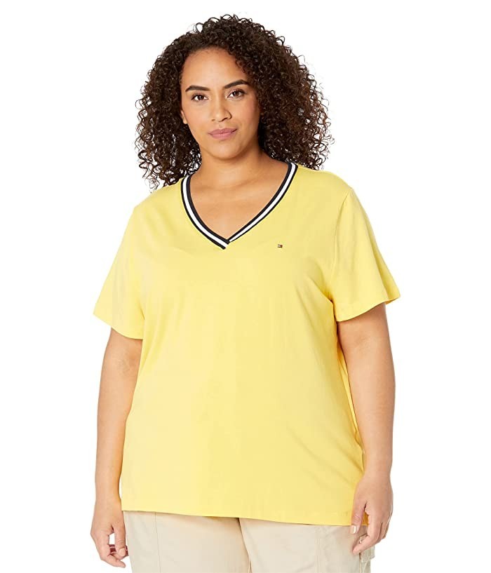 Tommy Hilfiger Plus Size 3X Cotton Contrast Trim V-Neck Top Yellow