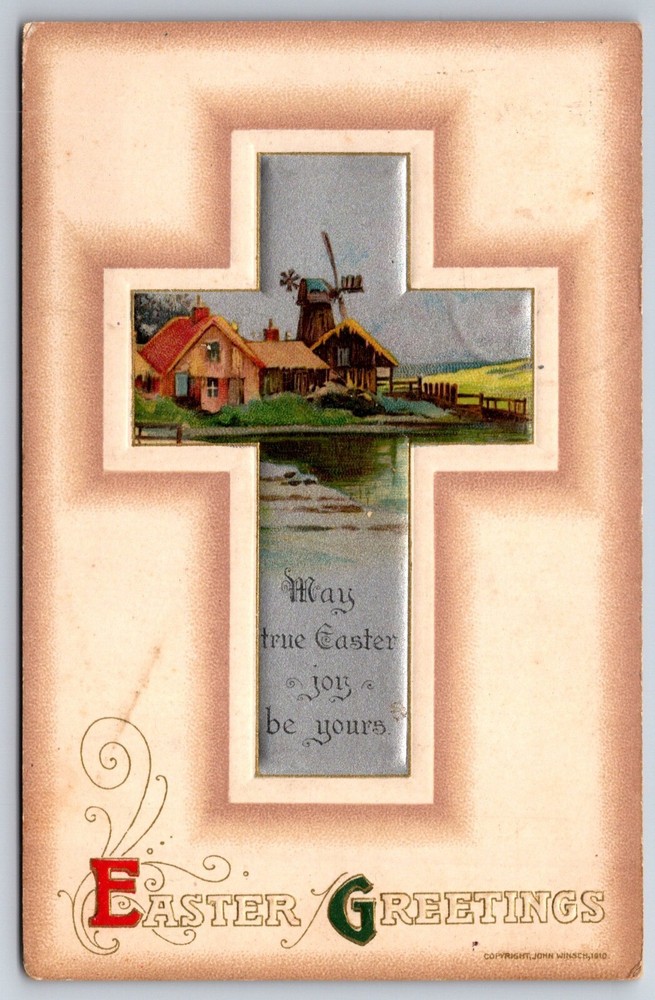Easter Greetings~Windmill Farm Scene In Holy Cross Frame~PM 1911~Winsch Postcard