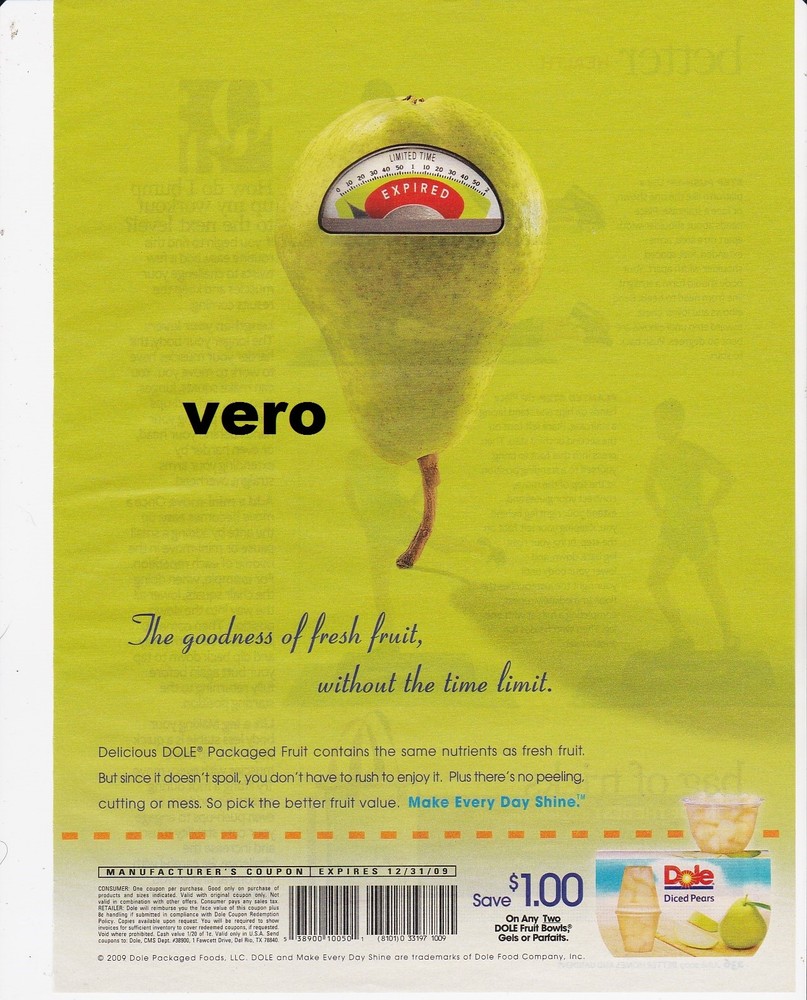 Dole PEAR ad print clipping 2009 vtg weird funny parking meter STILL LIFE ART