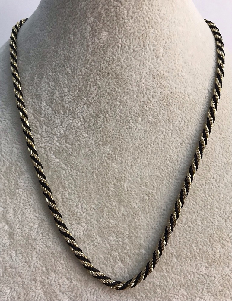 Vintage Trifari TM Rope Chain Necklace Gold Tone Black Woven Twisted 18 Inch